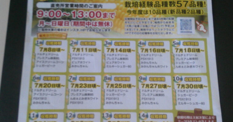 「とうもろこし物語」裏は本年度の収穫予定表です